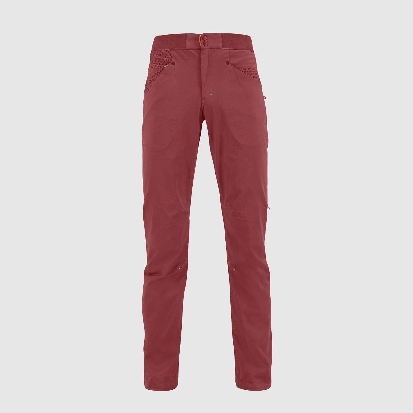 Pantalone Noghera per arrampicata in cotone rosso con vita elastica e tasche aperte.