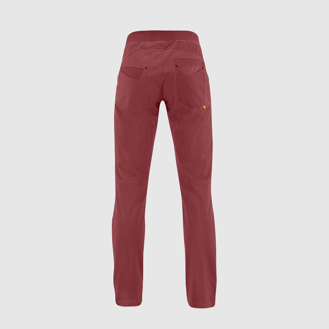 Pantalone Noghera per arrampicata in cotone rosso con vita elastica e tasche aperte.