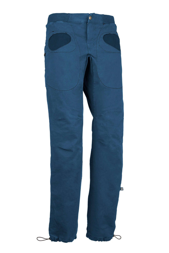 Slim fit urban climbing pants in blue organic cotton satin with contrasting printed fabric pockets and rear embroidery.