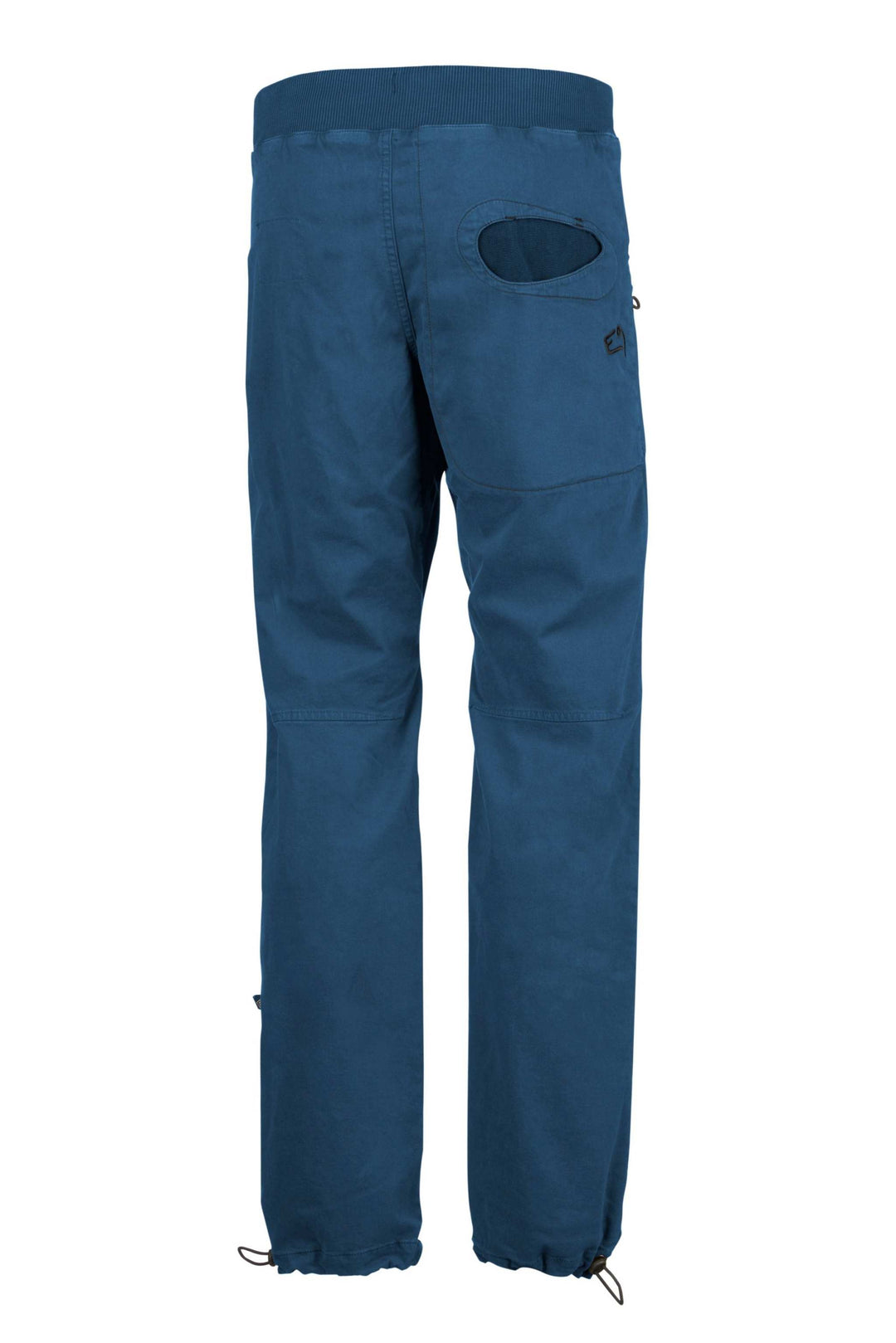 Slim fit urban climbing pants in blue organic cotton satin with contrasting printed fabric pockets and rear embroidery.