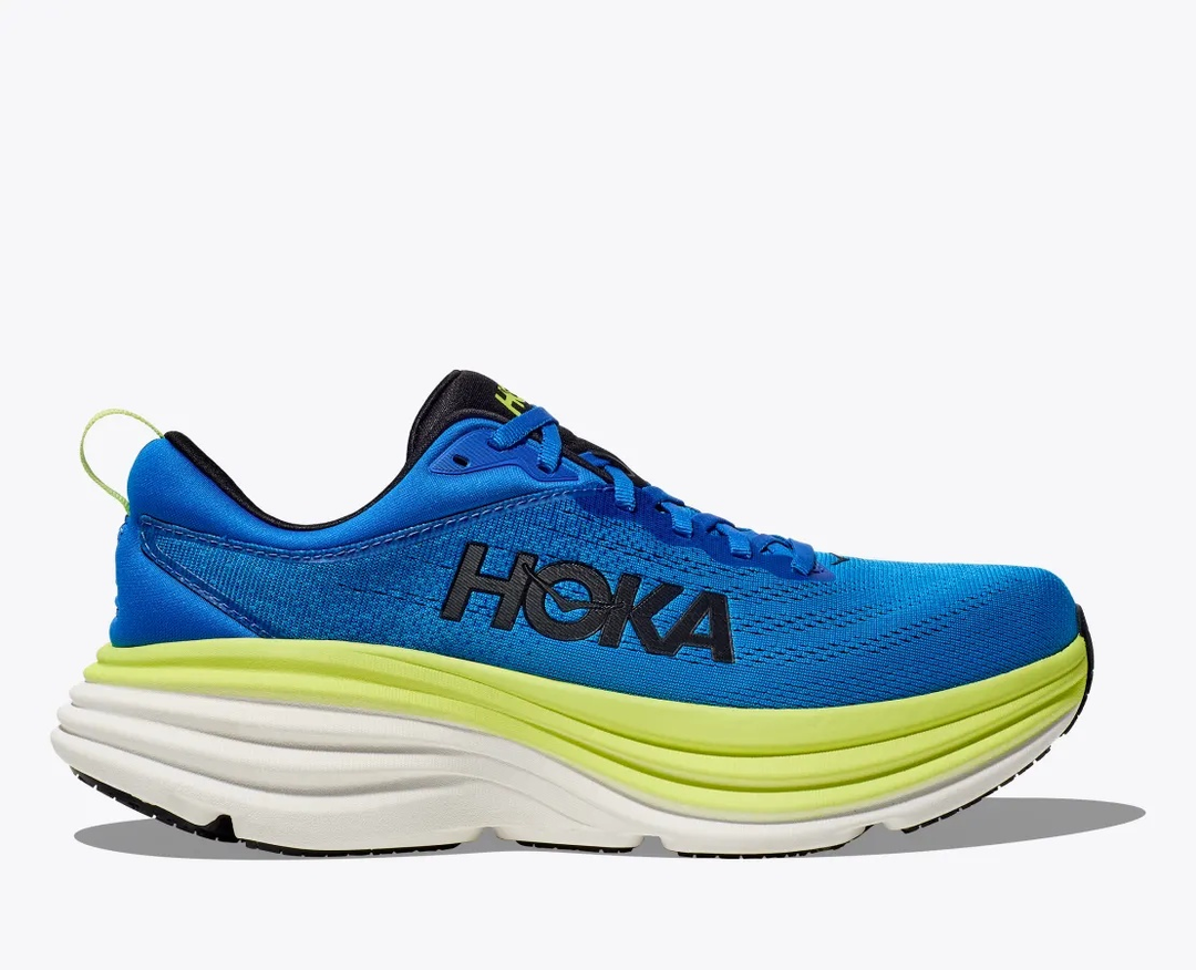 HOKA Bondi 8 running shoe, blue and green, lightweight with cushioned sole and technical mesh.