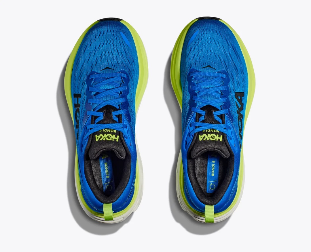 HOKA Bondi 8 running shoe, blue and green, lightweight with cushioned sole and technical mesh.