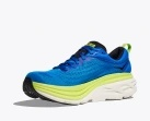 HOKA Bondi 8 running shoe, blue and green, lightweight with cushioned sole and technical mesh.