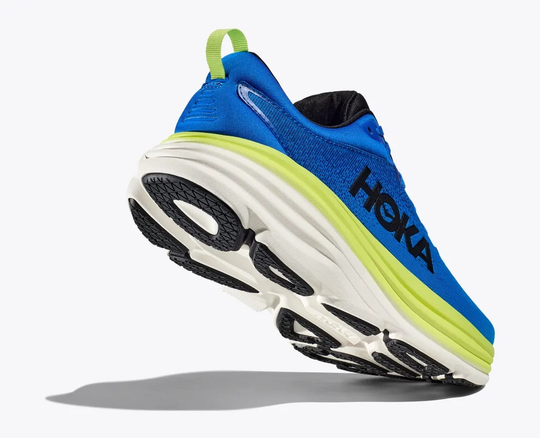 HOKA Bondi 8 running shoe, blue and green, lightweight with cushioned sole and technical mesh.