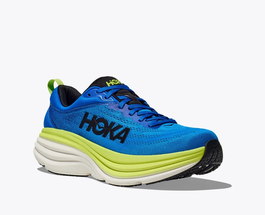 HOKA Bondi 8 running shoe, blue and green, lightweight with cushioned sole and technical mesh.