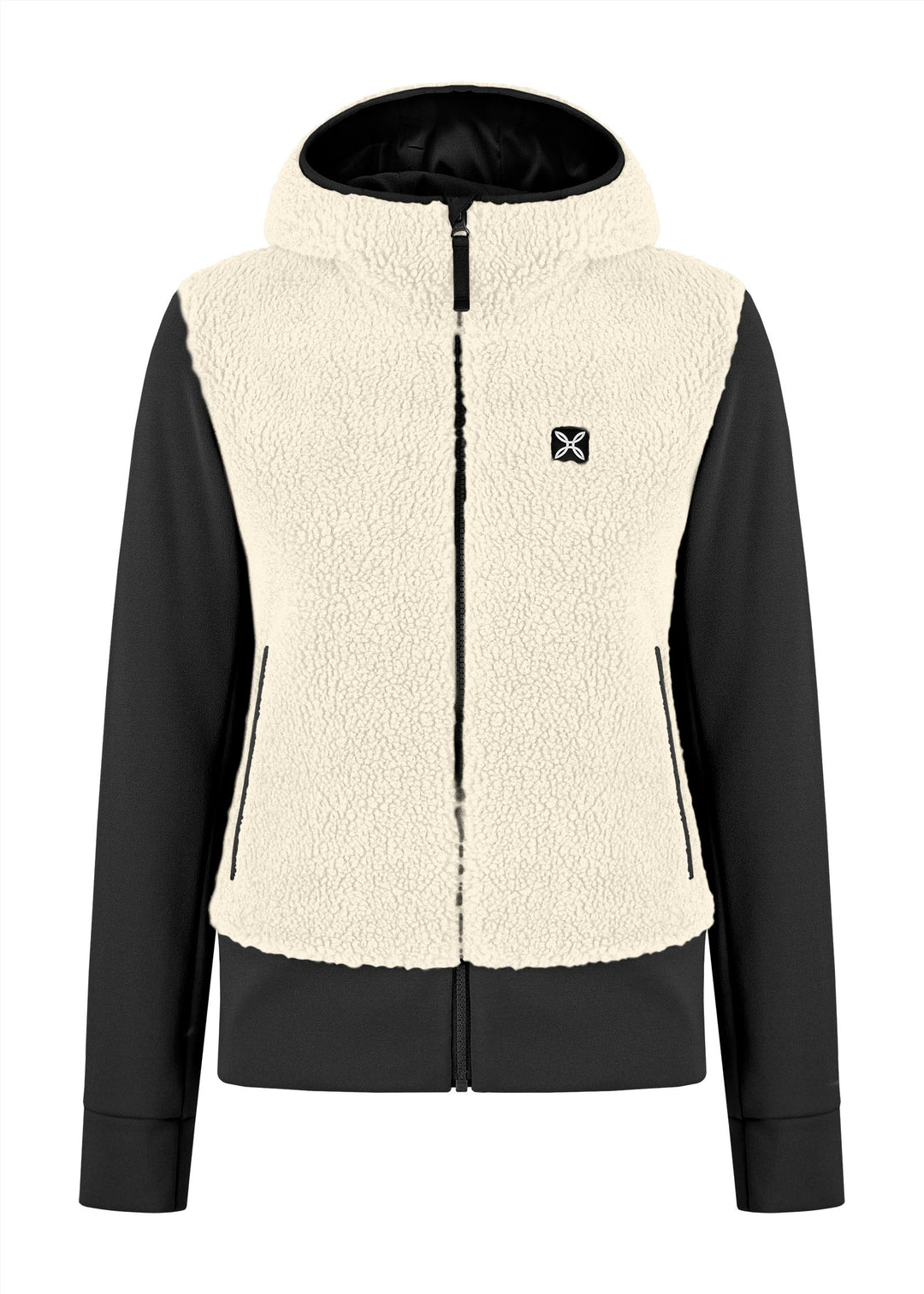 Sherpa Mix Jacket Woman, warm breathable hooded jacket, thermal knit, stretchy fleece details, ideal for cold weather activities.