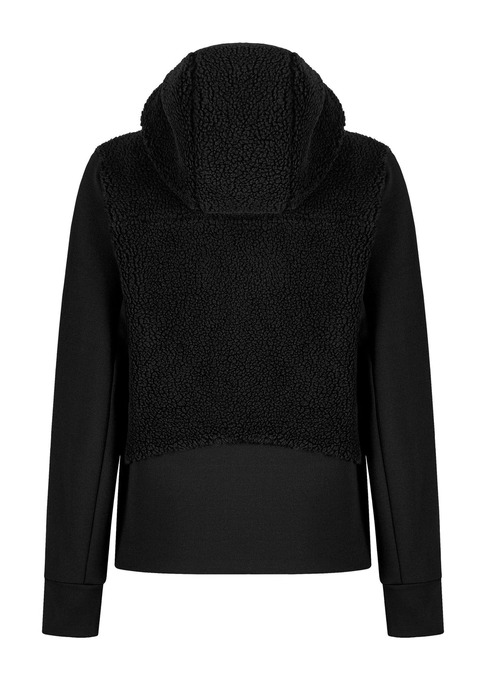 Sherpa Mix Jacket Woman, warm breathable design, hooded, thermal knit fabric, elastic fleece contrast, black color.