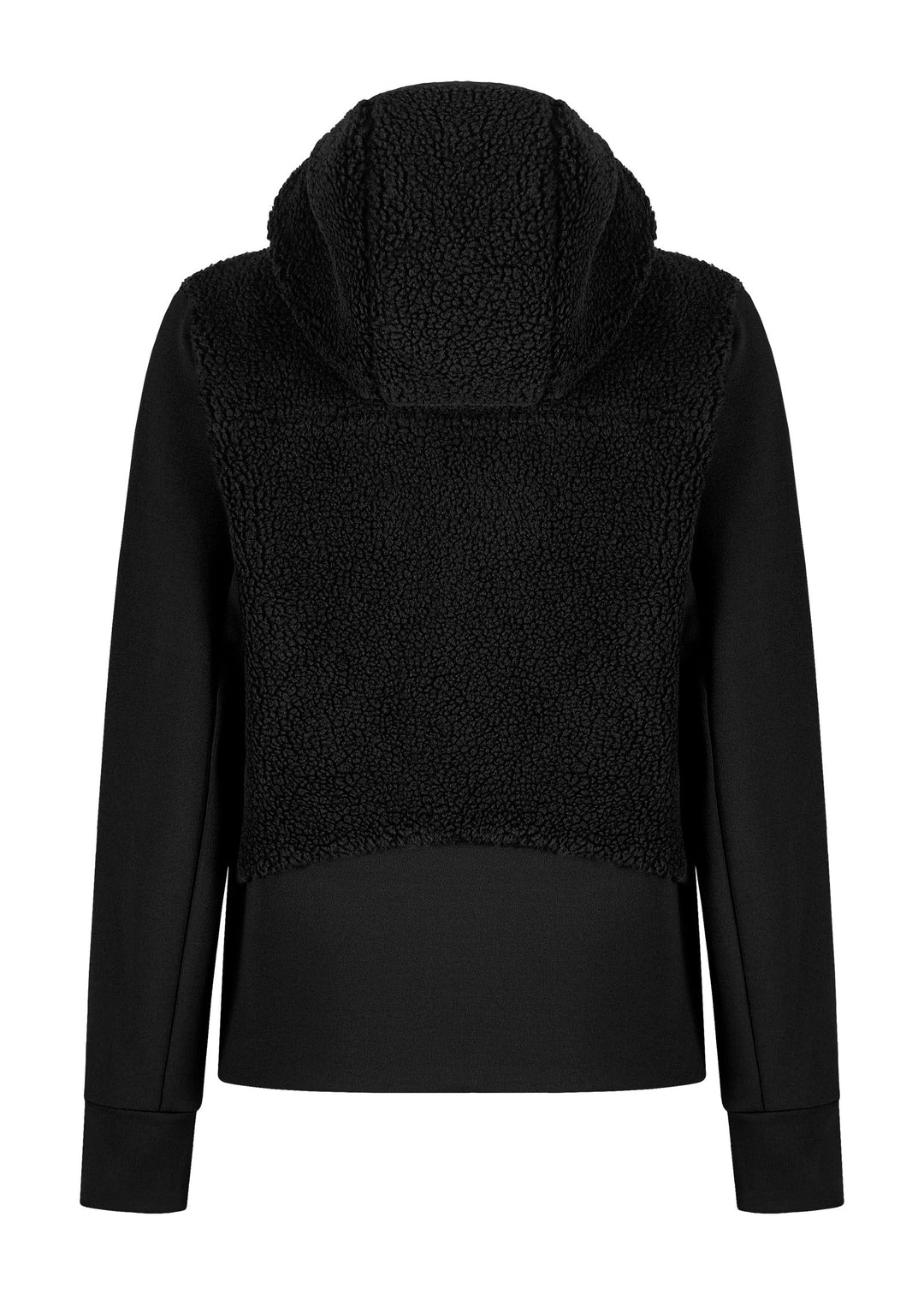 Sherpa Mix Jacket Woman, warm breathable design, hooded, thermal knit fabric, elastic fleece contrast, black color.