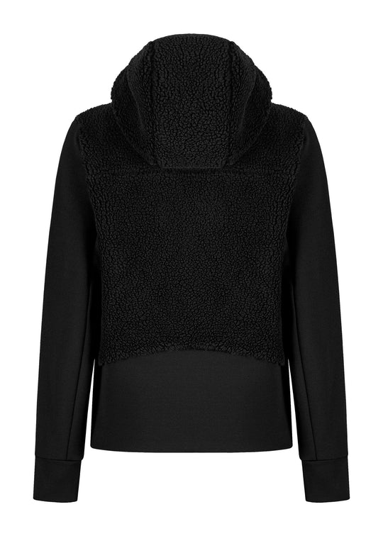 Sherpa Mix Jacket Woman, warm breathable design, hooded, thermal knit fabric, elastic fleece contrast, black color.