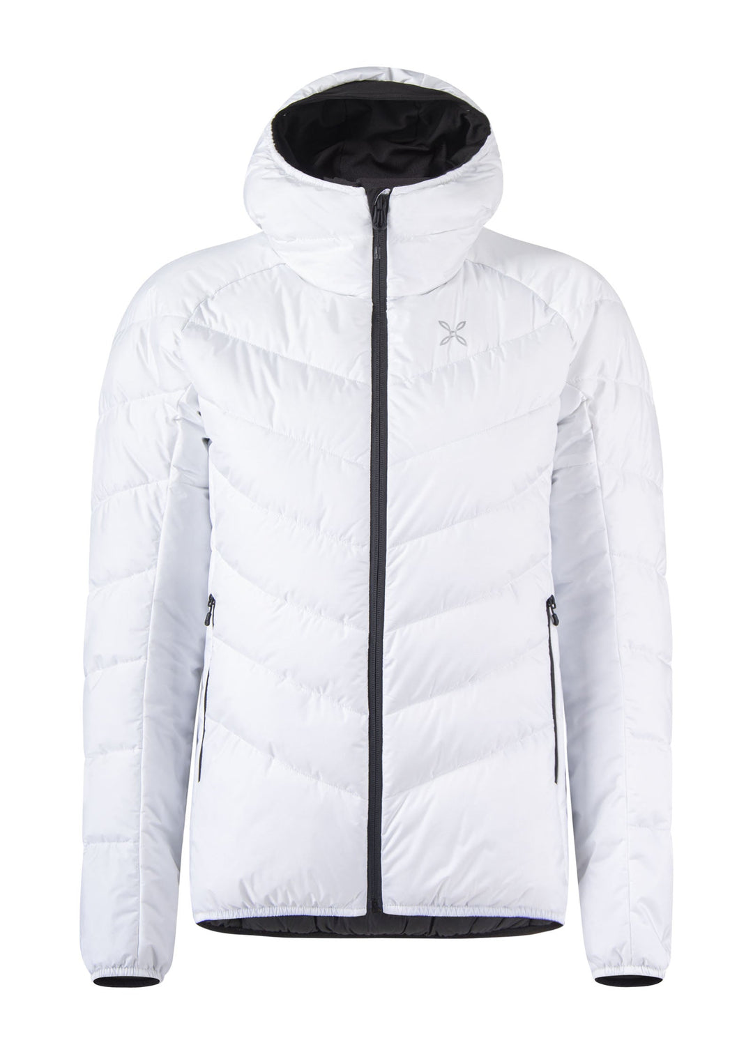 Women's insulated hooded jacket, nylon fabric, recycled polyester filling, outdoor wear.