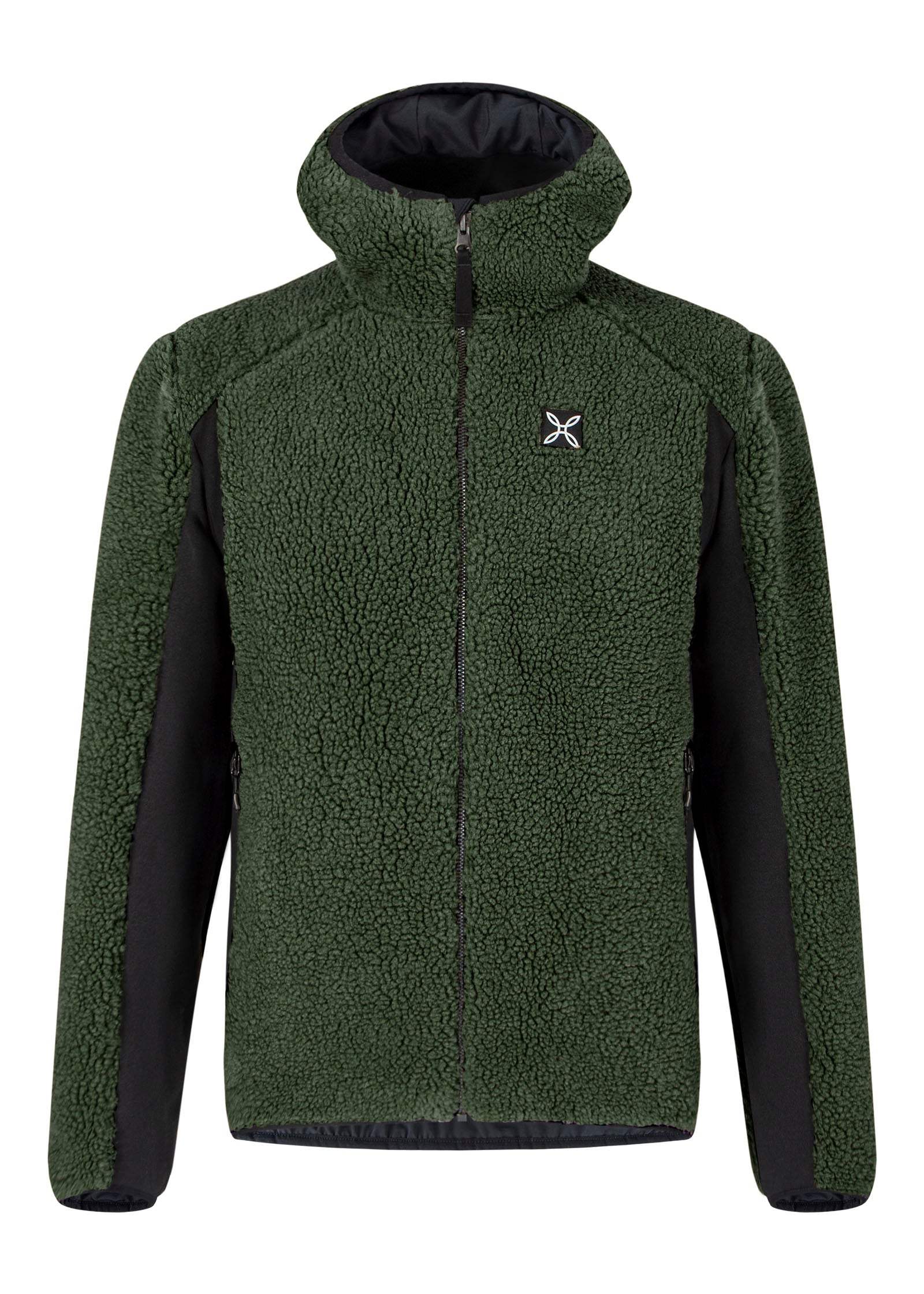 Sherpa Maglia aperta uomo con cappuccio verde, tessuto termico effetto agnellato, ideale per arrampicata e attività outdoor.