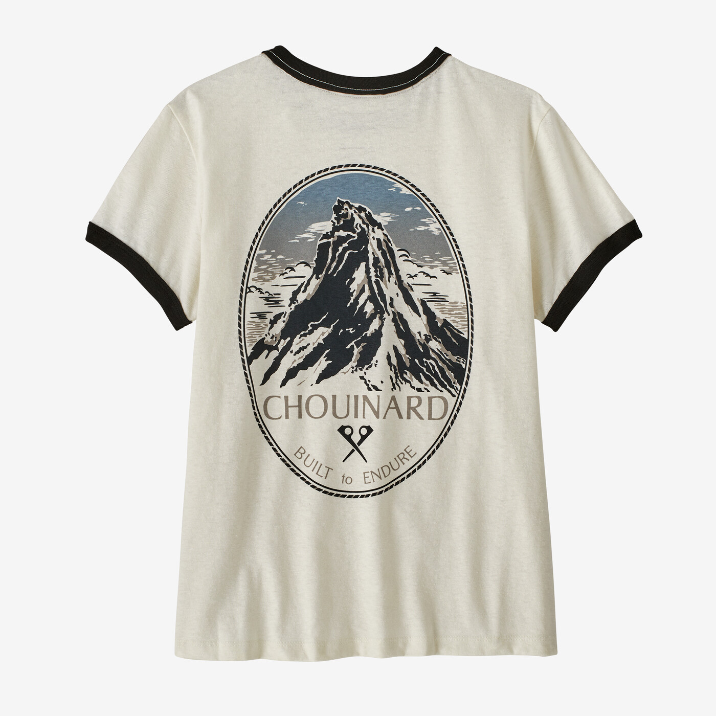 T-shirt Patagonia Chouinard Crest Ringer Responsibili-Tee in materiali riciclati, con grafica montagna, colori sfumati, girocollo e maniche a contrasto.