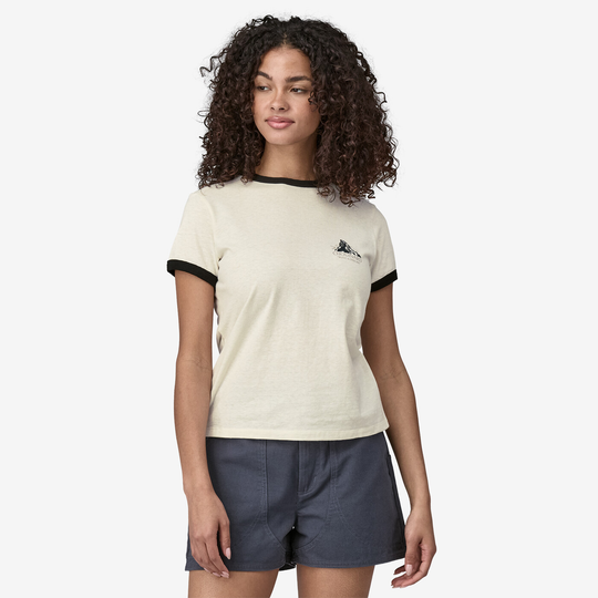 Women's Chouinard Crest Ringer Responsibili-Tee in recycled materials with vintage look and contrasting ribbed trim.