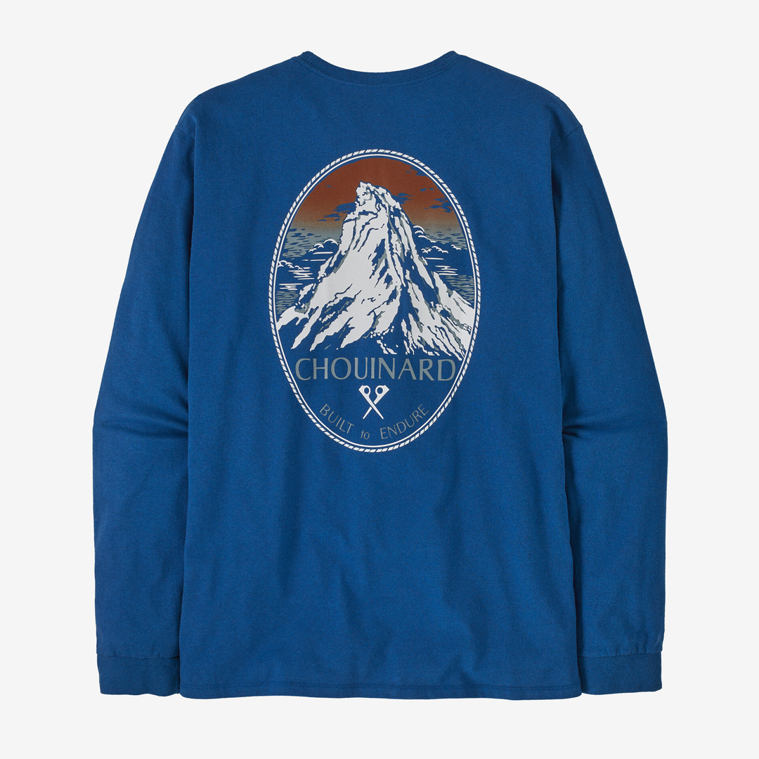 Men's blue long-sleeve tee with mountain crest design, made from recycled fabric, Fair Trade Certified.