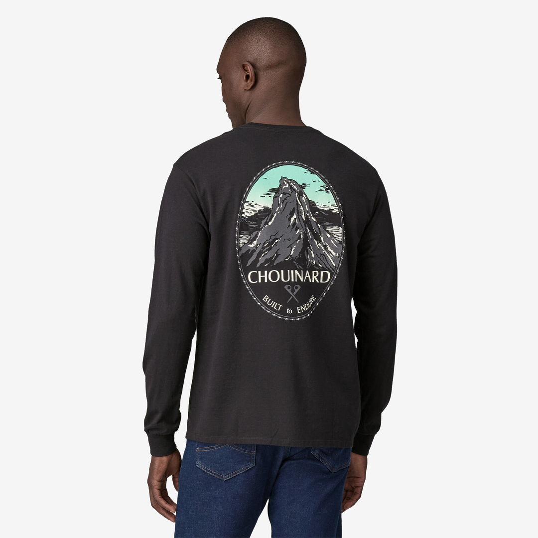 Men's long-sleeve black tee with Chouinard crest, made from recycled materials.