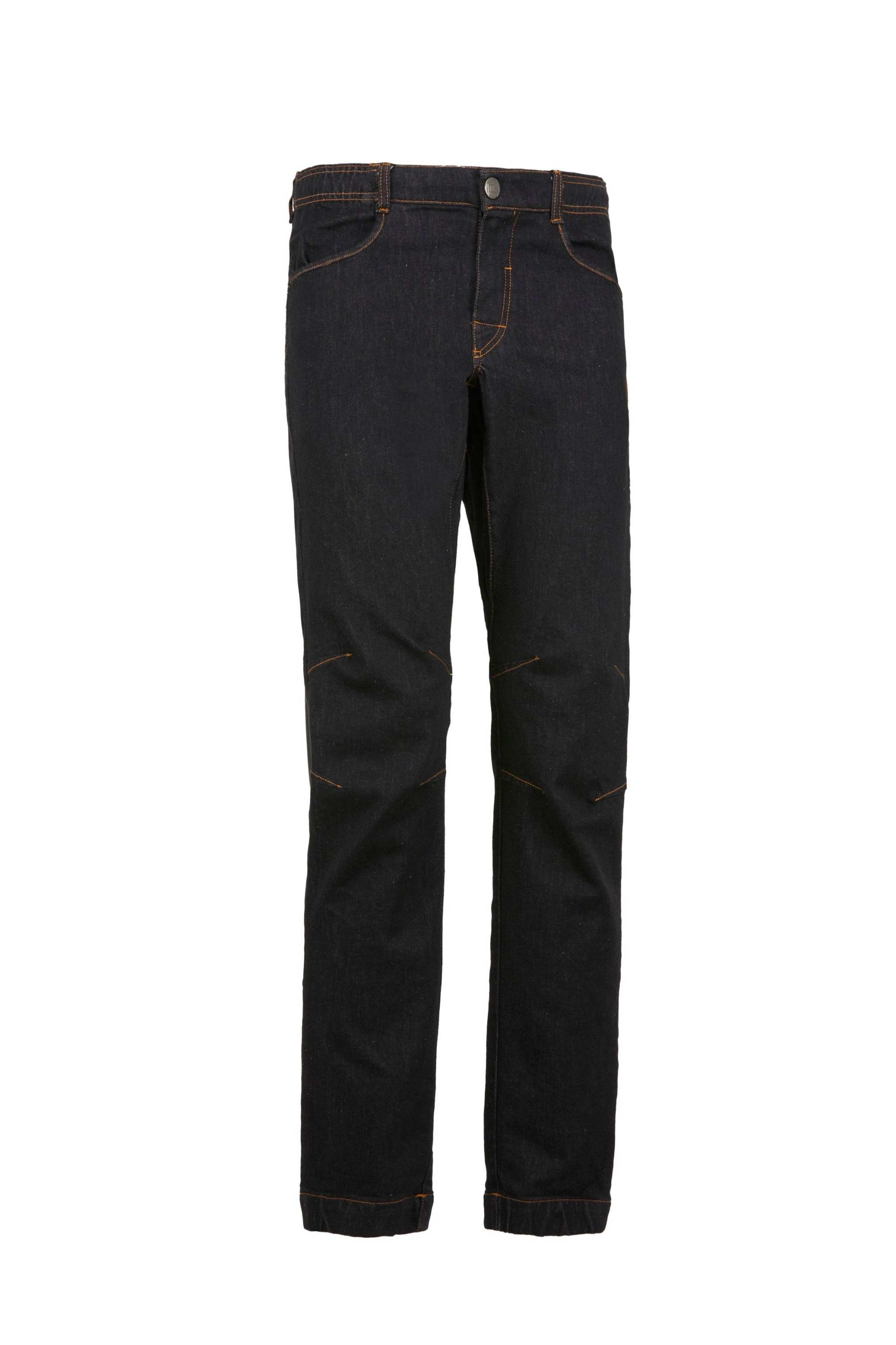 Outdoor denim climbing pants with adjustable hem and elastic waistband, made in Italy.