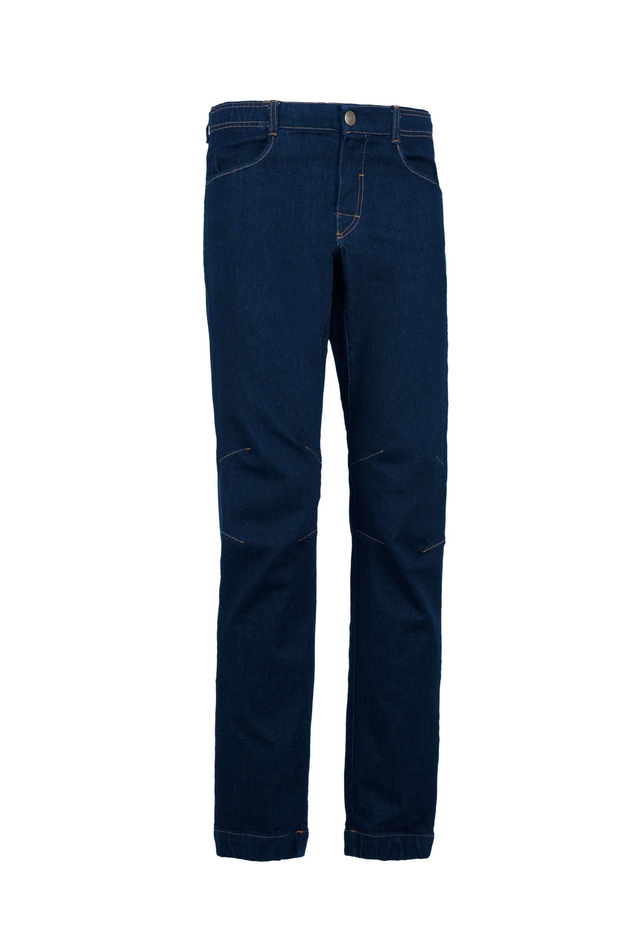 Ape9 Denim outdoor climbing pants with adjustable hems and embroidered back pocket.