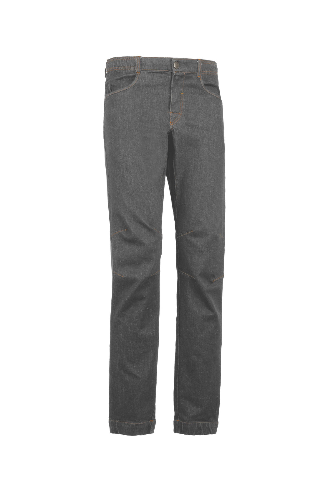 Denim climbing pants with adjustable hem and elastic waistband.