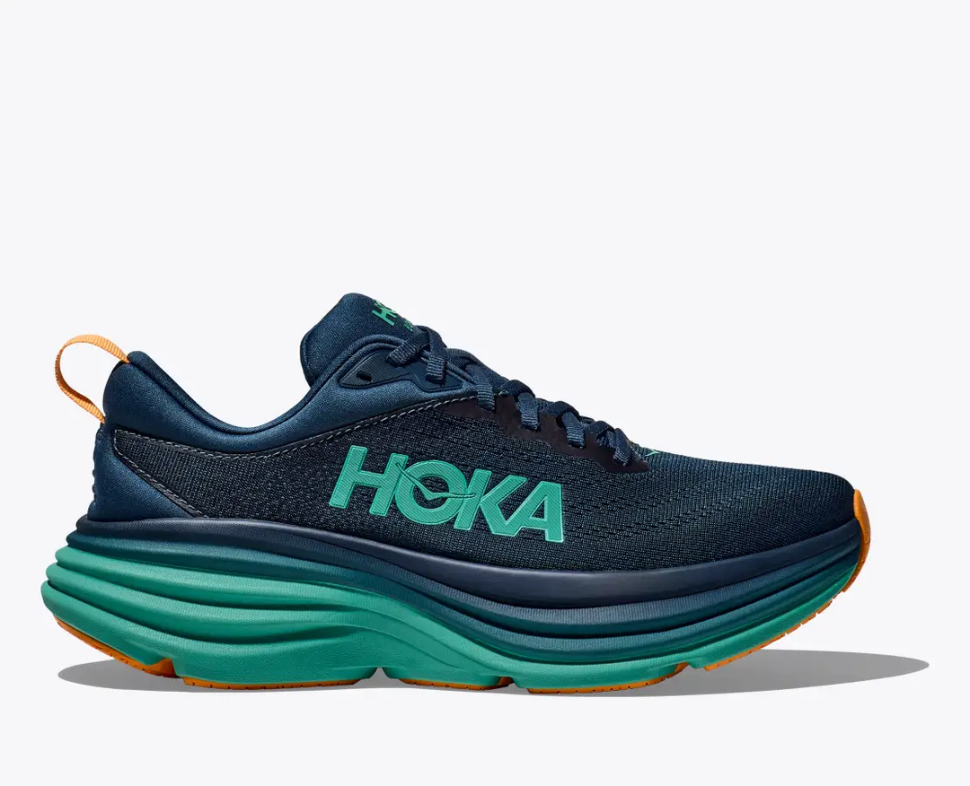 HOKA Bondi 8 running shoe, blue with green sole, lightweight and cushioned.