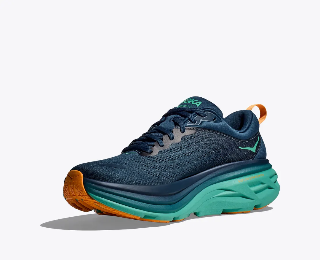 HOKA Bondi 8 running shoe, blue with green sole, lightweight and cushioned.