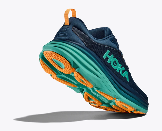 HOKA Bondi 8 running shoe, blue with green sole, lightweight and cushioned.