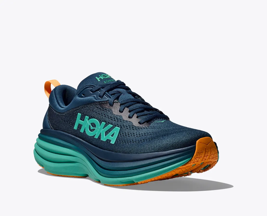 HOKA Bondi 8 running shoe, blue with green sole, lightweight and cushioned.