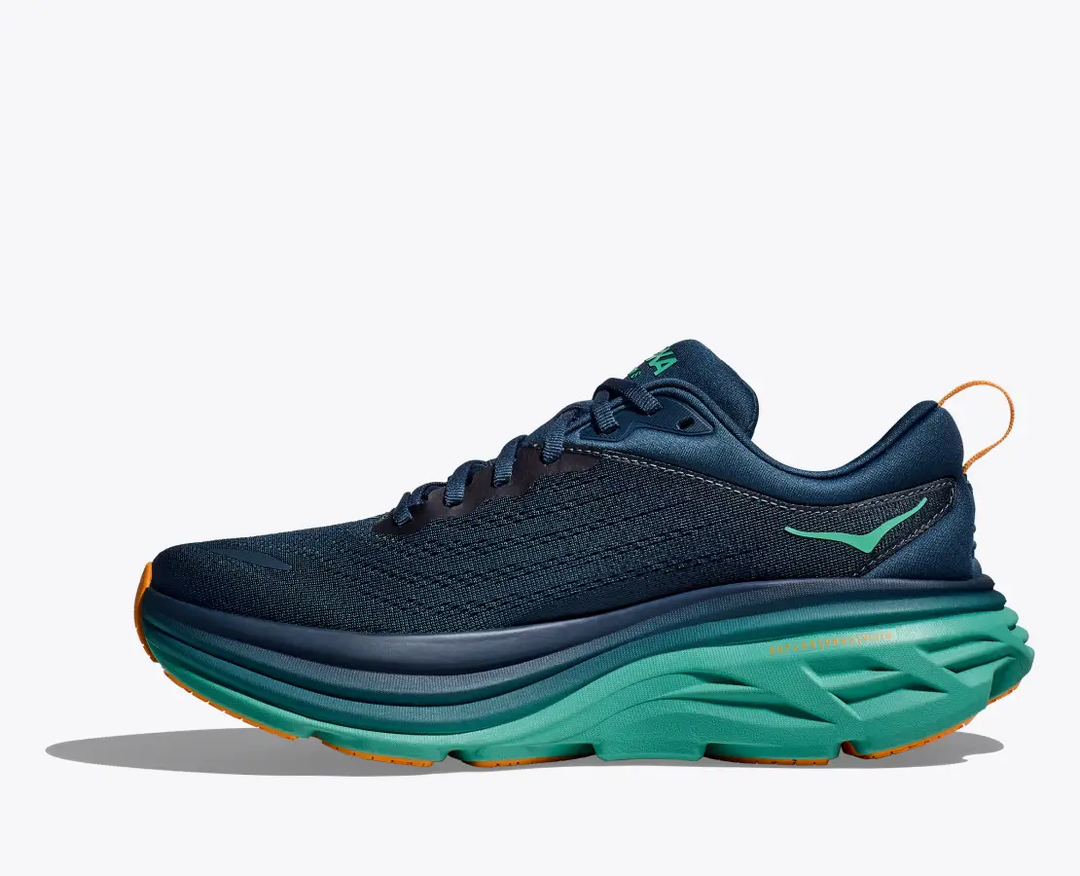 HOKA Bondi 8 running shoe, blue with green sole, lightweight and cushioned.