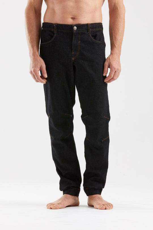 Denim outdoor climbing pants with elastic waist, adjustable cuffs, and original fit.