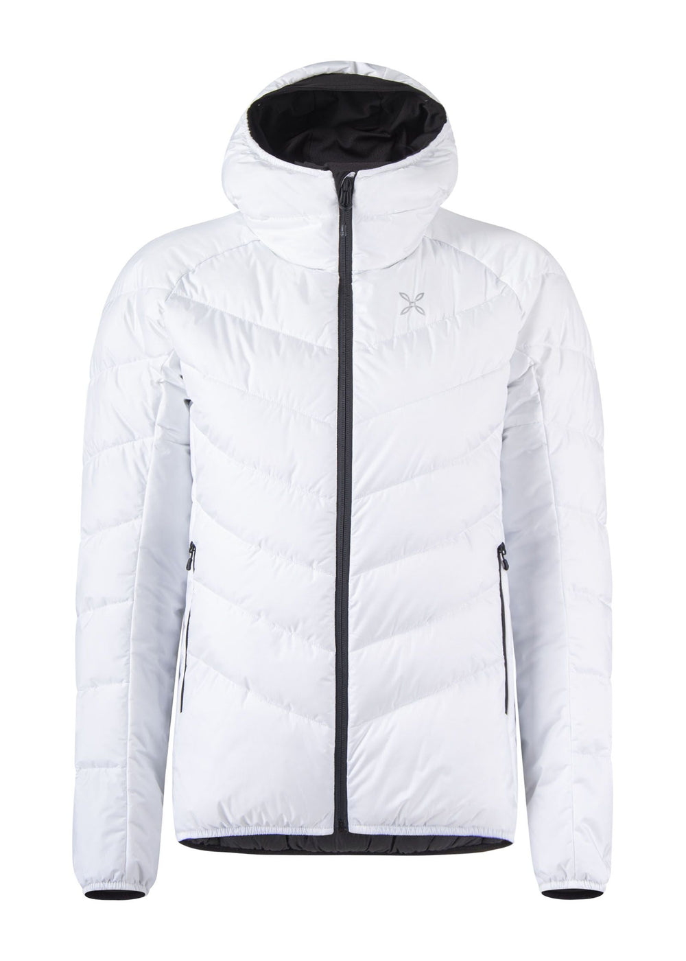 Women's insulated jacket with hood, white, recycled polyester filling, nylon 2-layer fabric.