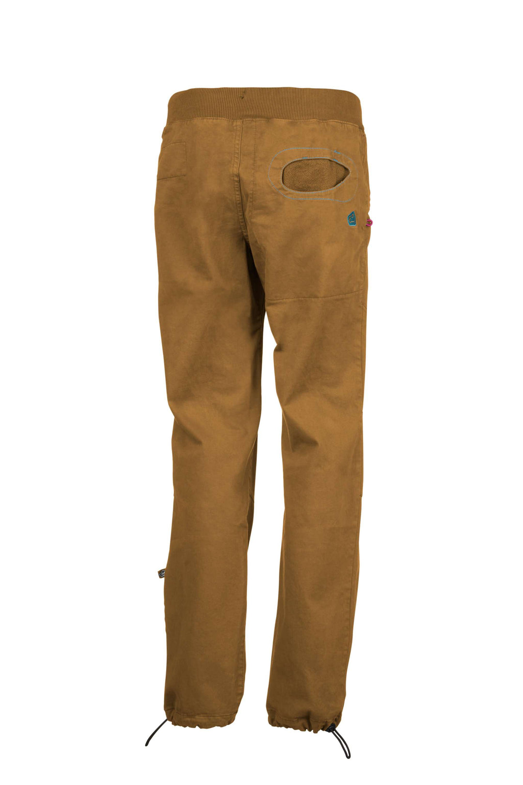 Pantaloni Onda Slim2 in raso di cotone biologico con ricamo posteriore, tasche interne stampate, color marrone.