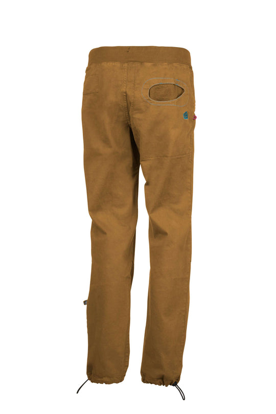 Pantaloni Onda Slim2 in raso di cotone biologico con ricamo posteriore, tasche interne stampate, color marrone.