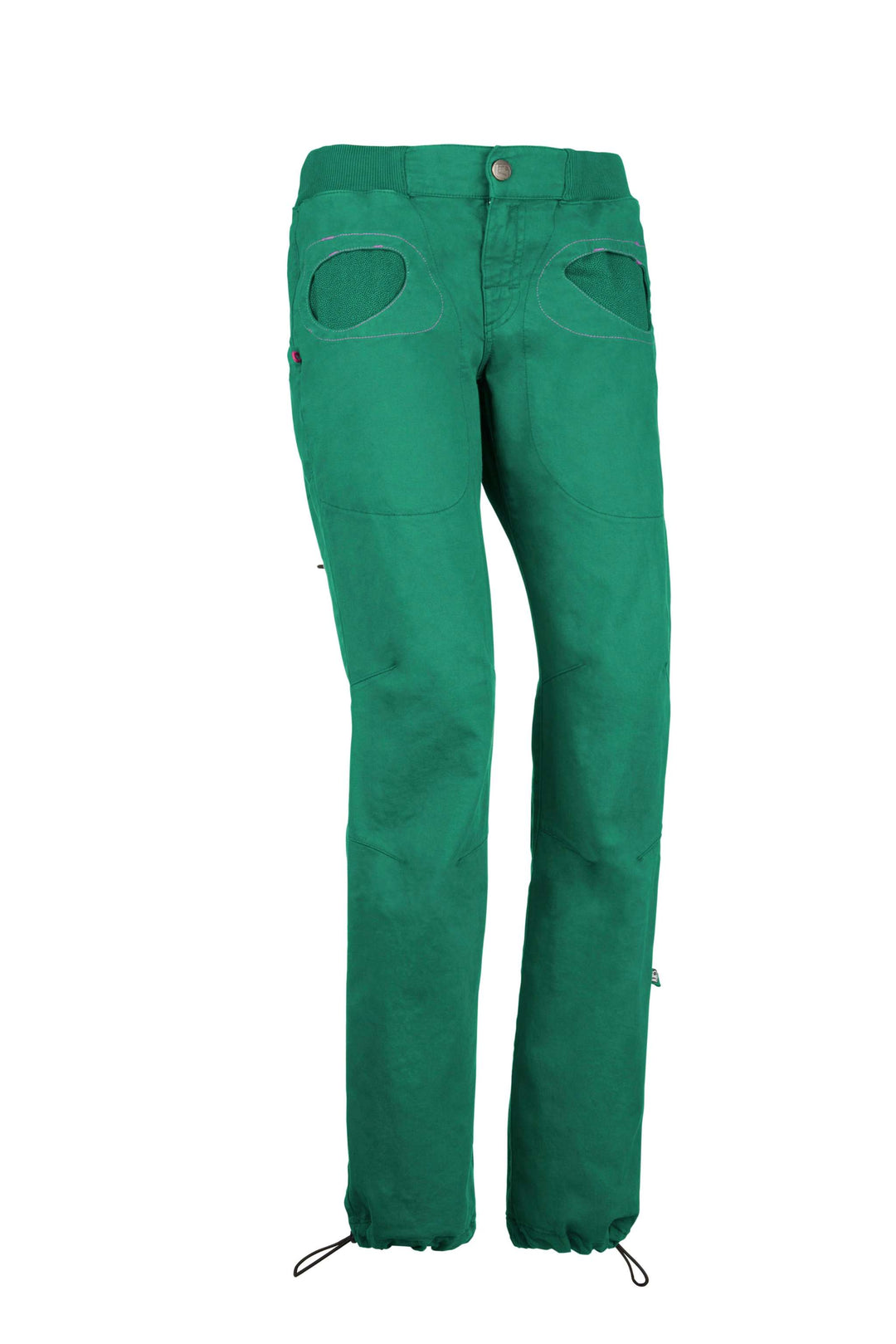 Pantaloni da arrampicata urbana Onda Slim2 in raso di cotone biologico verde con ricamo e tasche interne stampate.