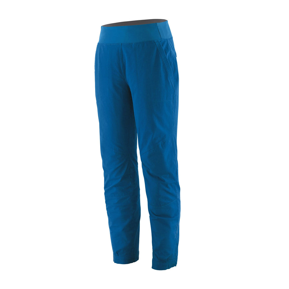 Women's blue Caliza Rock Pants made from Regenerative Organic Certified™ cotton and elastane, designed for climbing comfort and freedom of movement, Fair Trade Certified™.